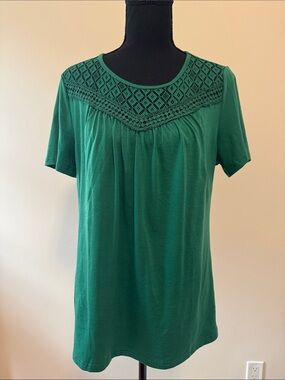 Green Short-Sleeve Top with Crochet Yoke